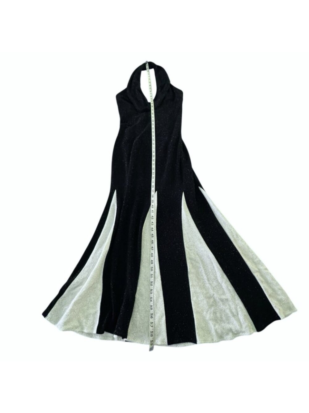 Maxi Halter Dress Women's 10 Black White Sparkly Stretchy Cruella Vintage - Picture 15 of 16